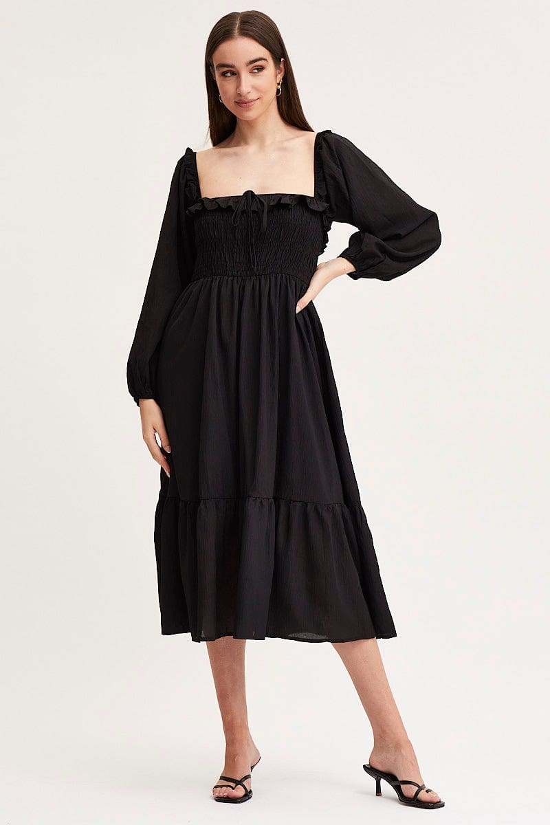 MAXI DRESS Black Maxi Dress Long Sleeve Square Neck for Women by Ally