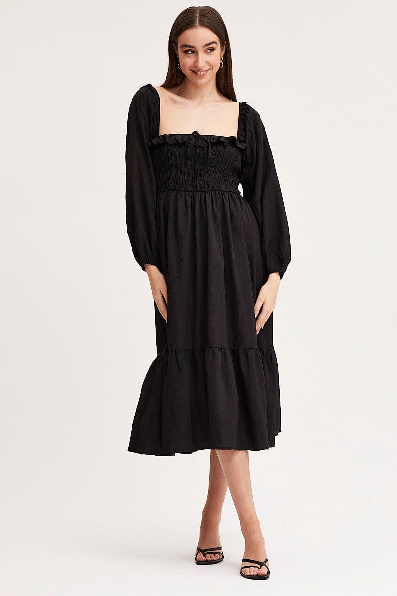 Women's Black Maxi Dress Long Sleeve Square Neck | Ally Fashion Women's Black Maxi Dress Long Sleeve Square Neck | Ally Fashion