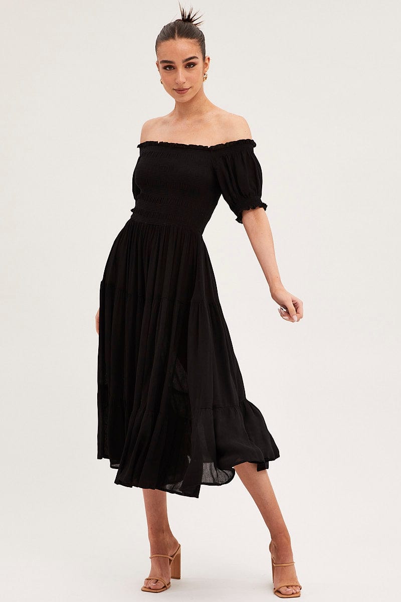 Black Maxi Dress Puff Sleeve Square Neck | Ally Fashion
