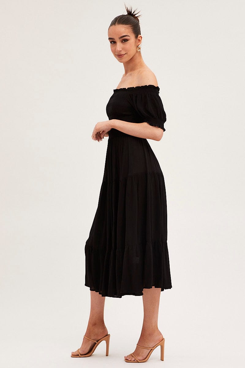 MAXI DRESS Black Maxi Dress Puff Sleeve Square Neck for Women by Ally