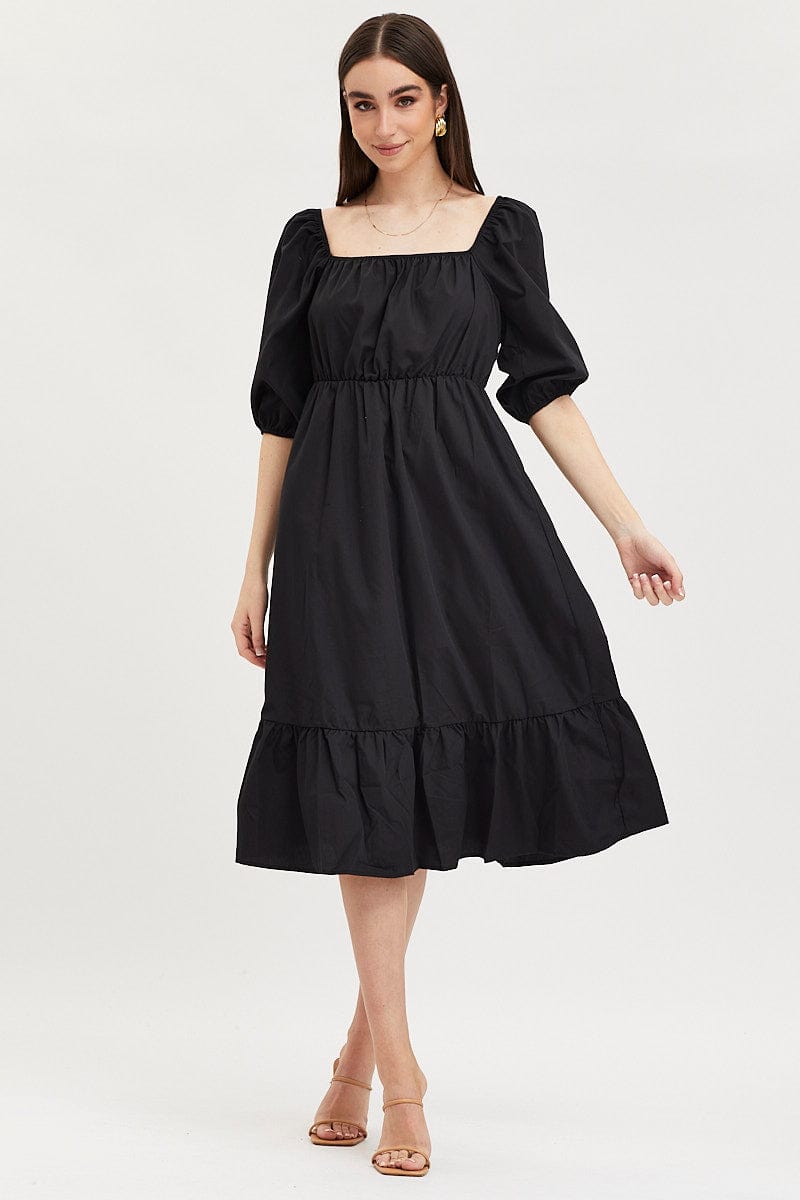 MAXI DRESS Black Midi Dress Short Sleeve Square Neck for Women by Ally