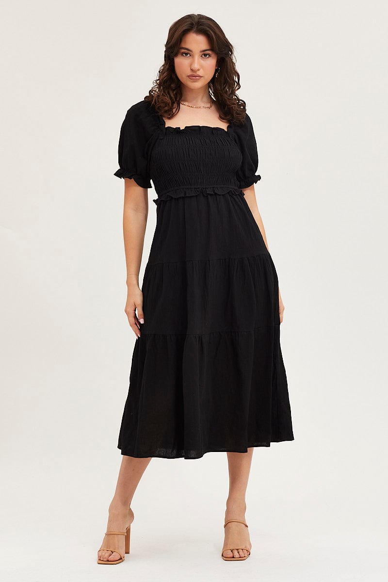 Women’s Black Shirred Dress Puff Sleeve Maxi | Ally Fashion
