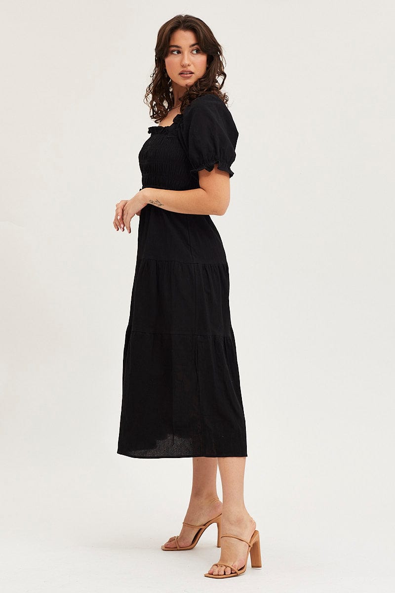 MAXI DRESS Black Shirred Dress Puff Sleeve Maxi for Women by Ally