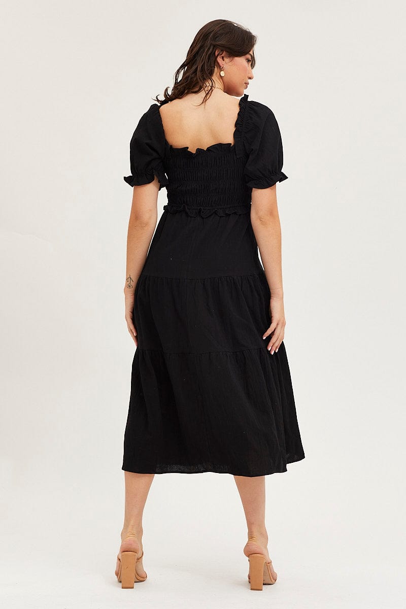 Women’s Black Shirred Dress Puff Sleeve Maxi | Ally Fashion