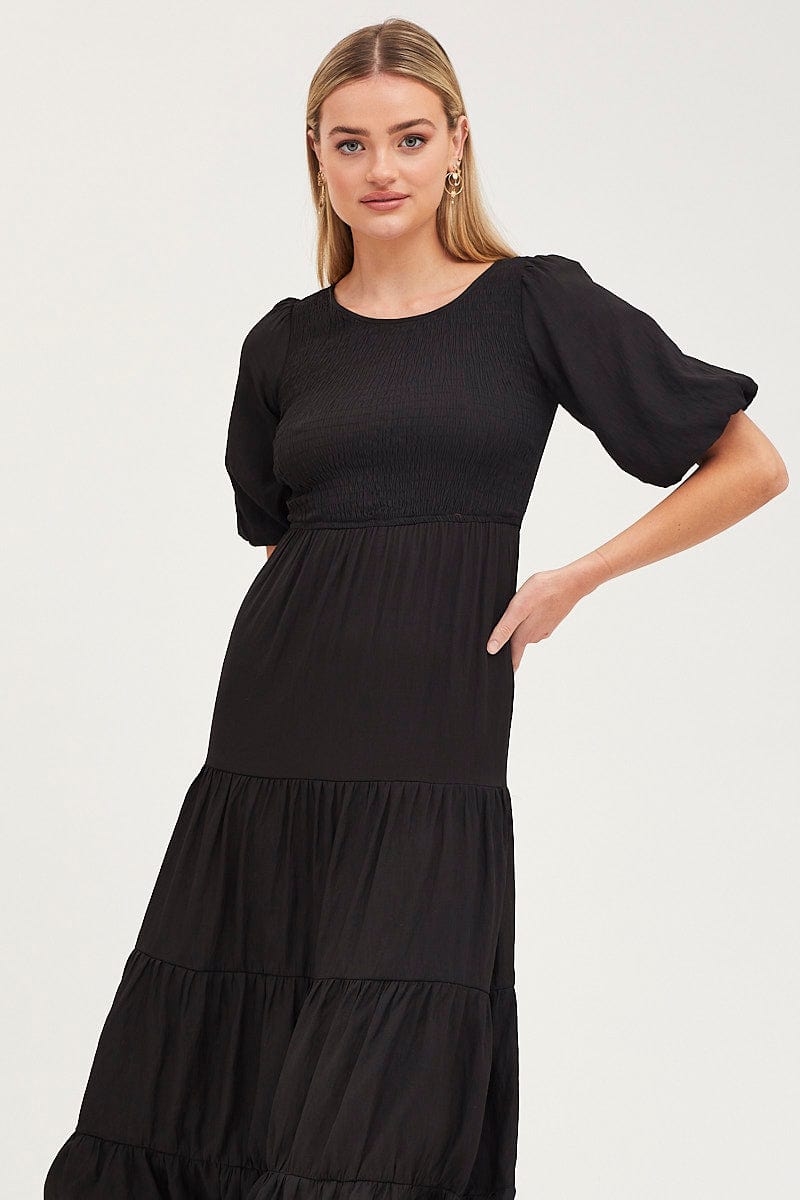 Women’s Black Shirred Dress Short Sleeve Maxi | Ally Fashion