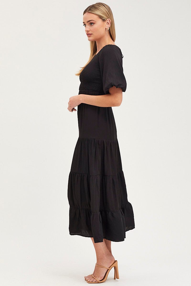 MAXI DRESS Black Shirred Dress Short Sleeve Maxi for Women by Ally