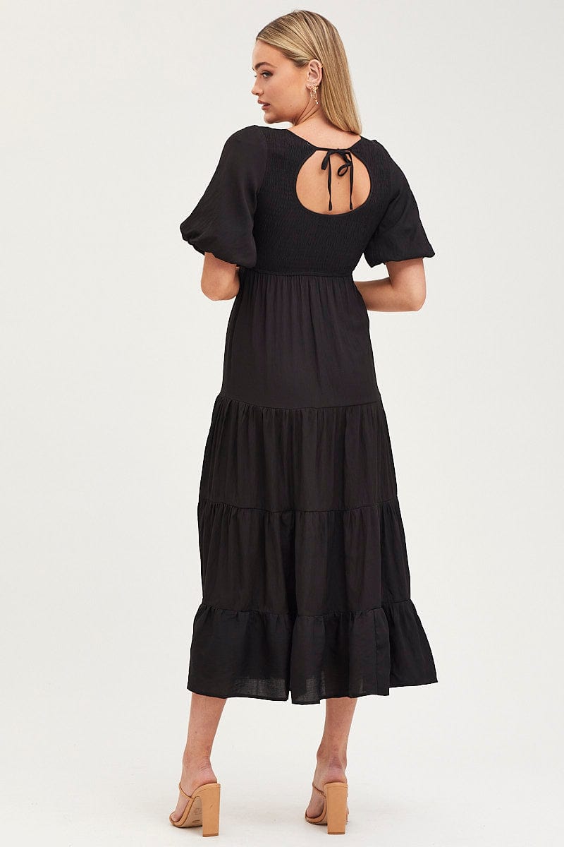 MAXI DRESS Black Shirred Dress Short Sleeve Maxi for Women by Ally