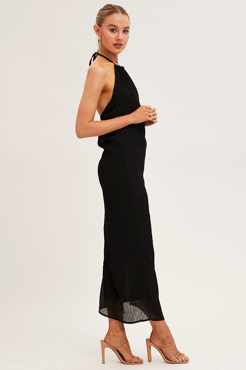 MAXI DRESS Black Textured Halter Dress Backless for Women by Ally