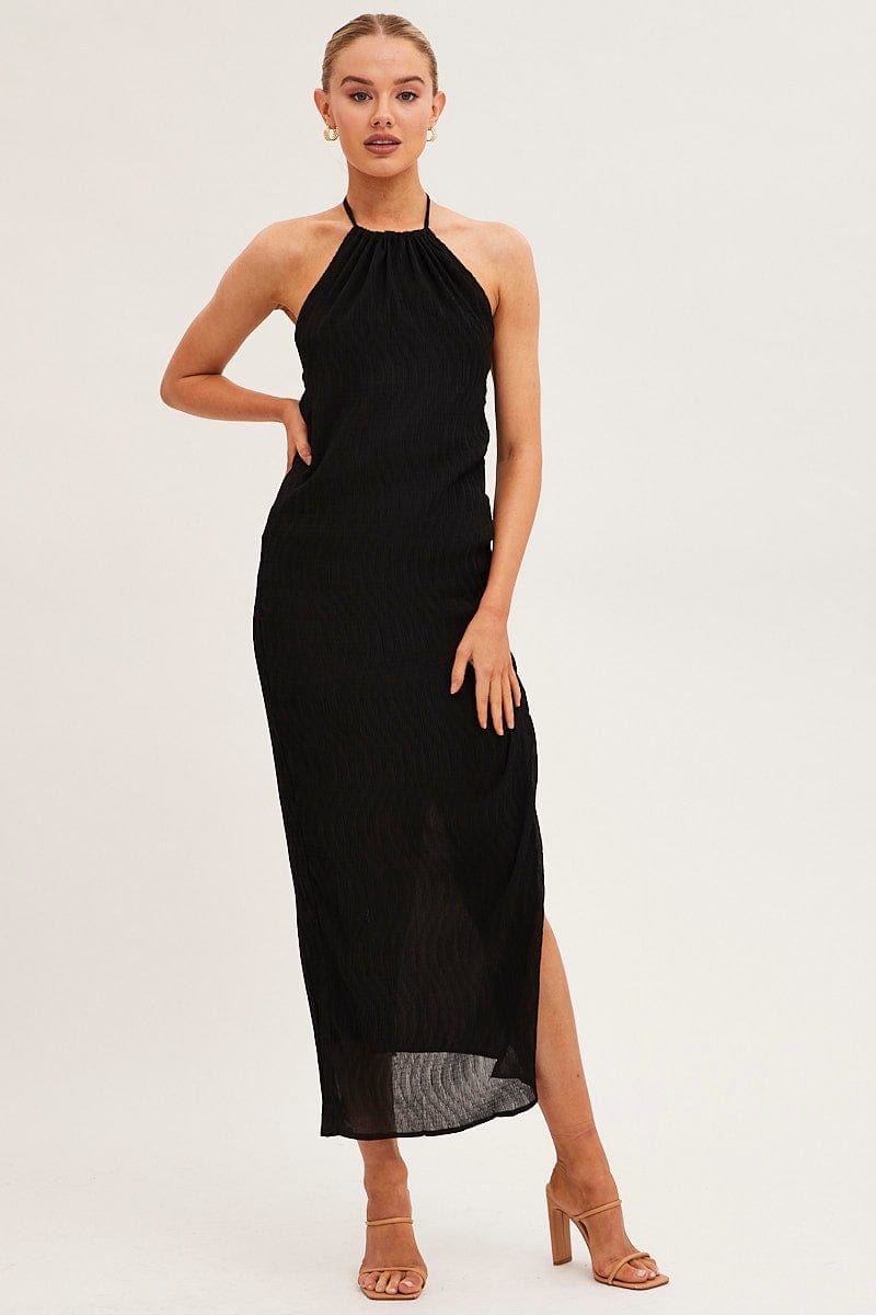 MAXI DRESS Black Textured Halter Dress Backless for Women by Ally