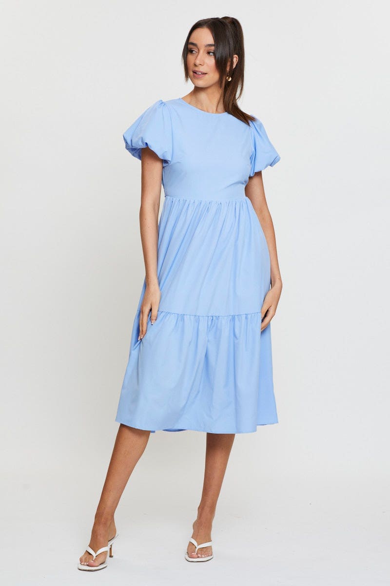 MAXI DRESS Blue Midi Dress Short Sleeve Round Neck for Women by Ally