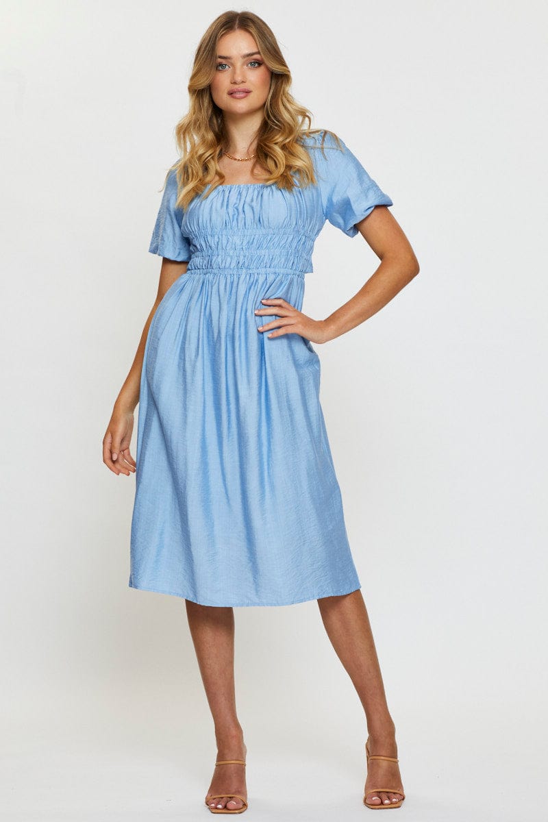 MAXI DRESS Blue Midi Dress Short Sleeve Square Neck for Women by Ally
