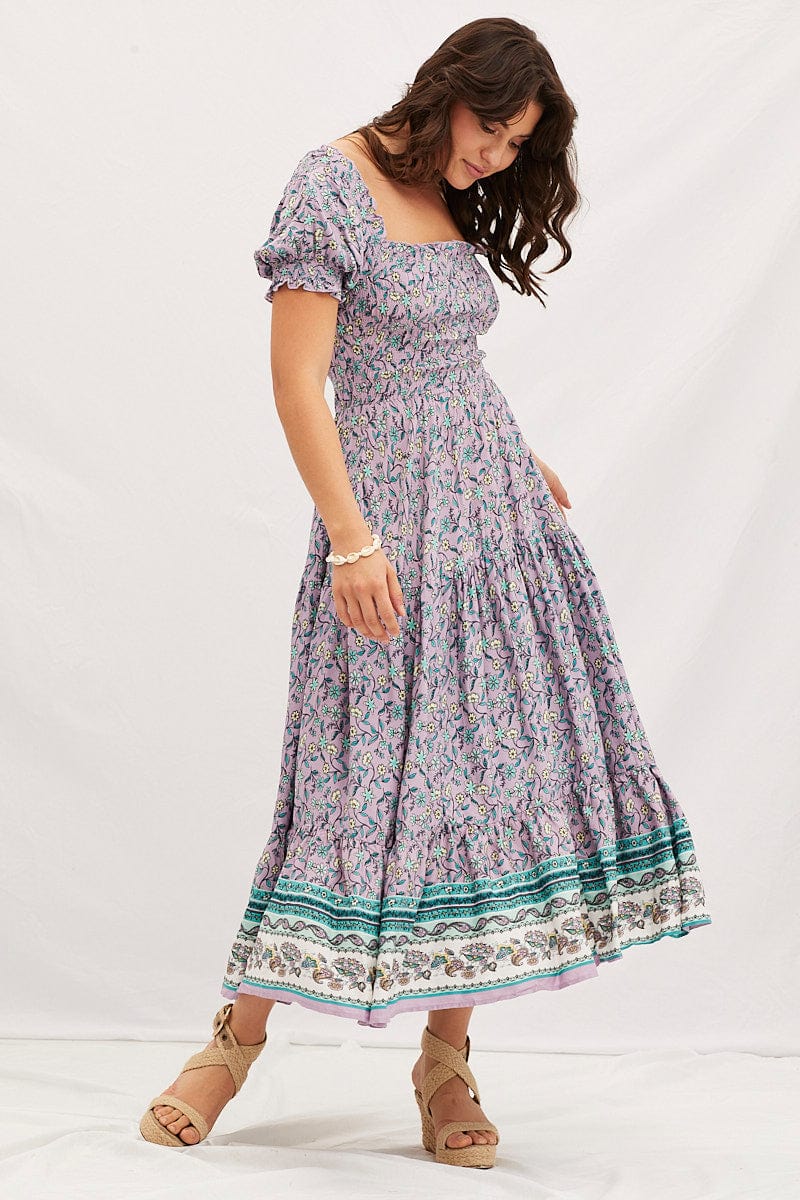 Women's Boho Print Square Neck Puff Sleeve Maxi Dress | Ally Fashion Women's Boho Print Square Neck Puff Sleeve Maxi Dress | Ally Fashion