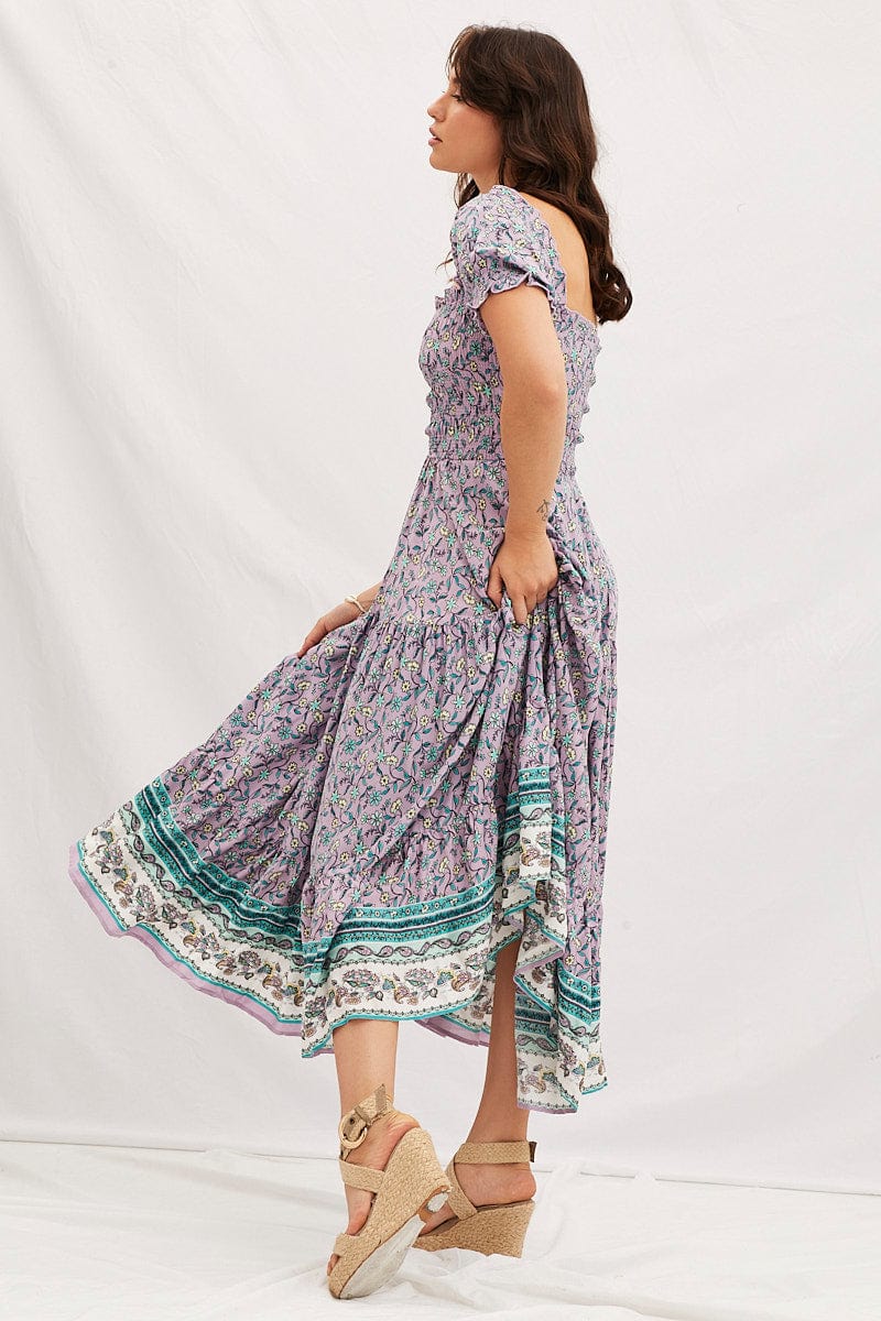 MAXI DRESS Boho Print Square Neck Puff Sleeve Maxi Dress for Women by Ally