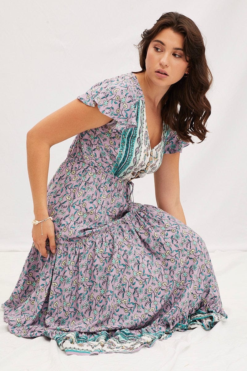 MAXI DRESS Boho Print V-Neck Short Sleeve Maxi Dress for Women by Ally