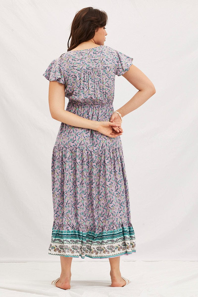 MAXI DRESS Boho Print V-Neck Short Sleeve Maxi Dress for Women by Ally
