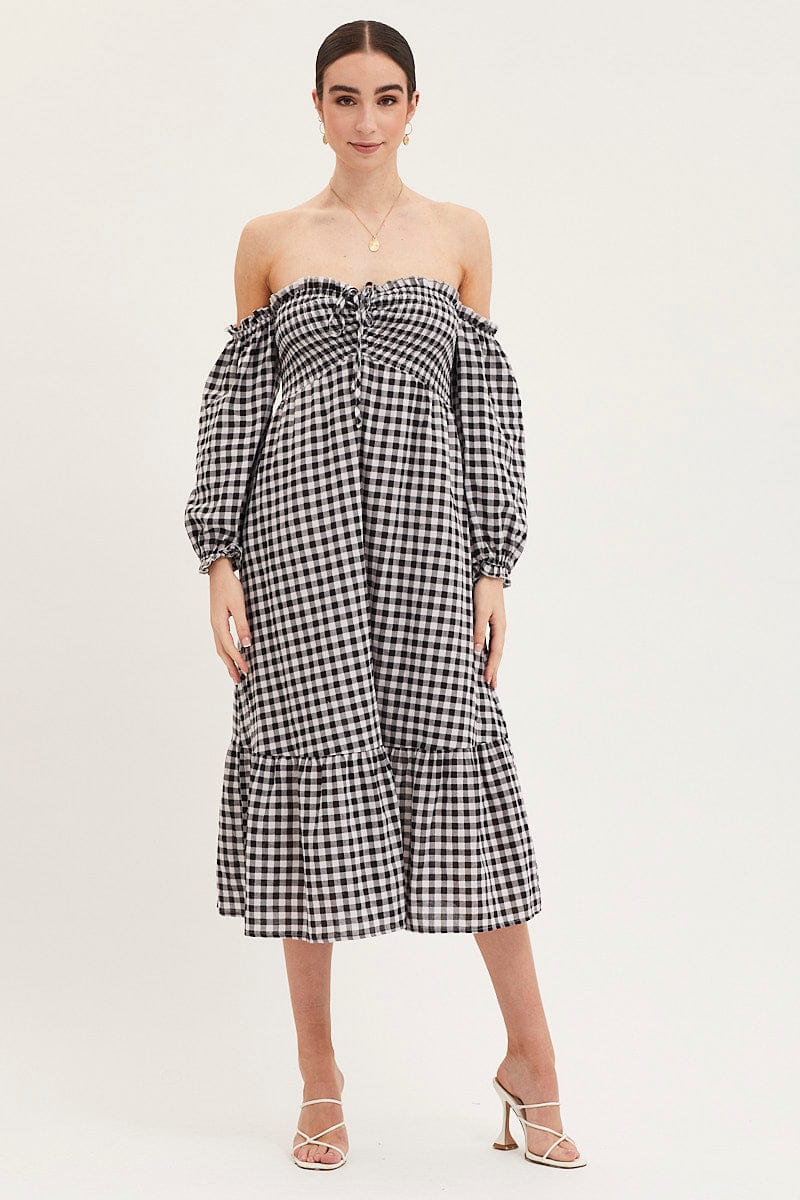 MAXI DRESS Check Dress Off Shoulder Maxi for Women by Ally