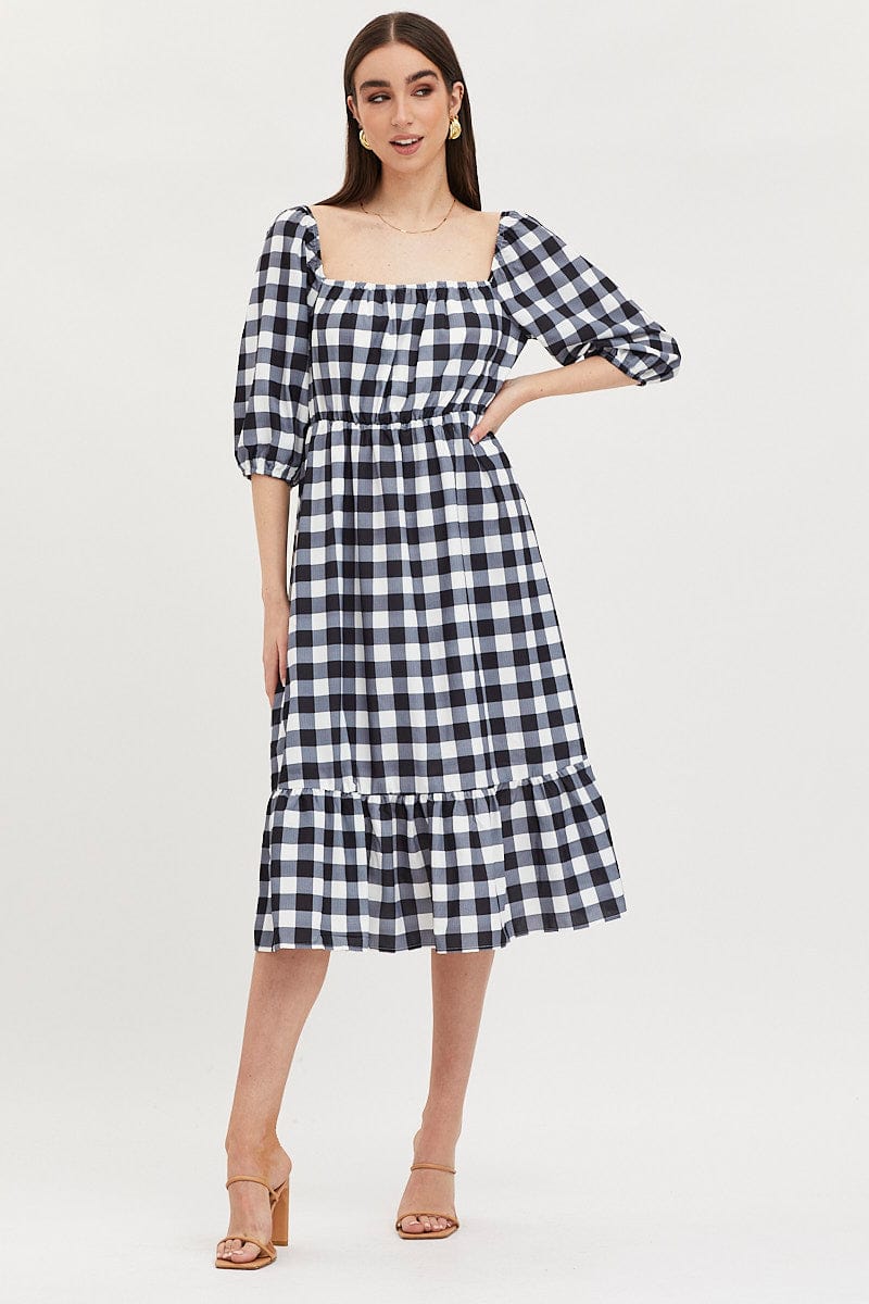 MAXI DRESS Check Midi Dress Puff Sleeve for Women by Ally
