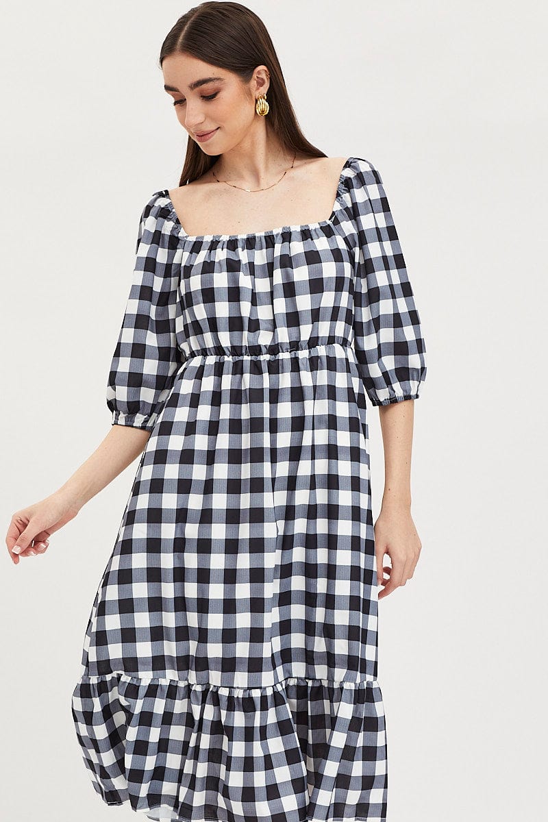 MAXI DRESS Check Midi Dress Puff Sleeve for Women by Ally