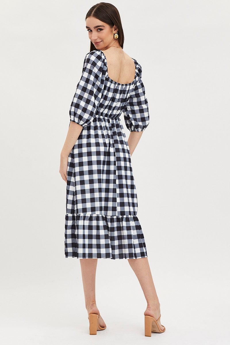 Women’s Check Midi Dress Puff Sleeve | Ally Fashion