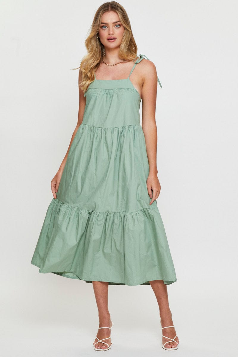 MAXI DRESS Green Midi Dress Sleeveless Tie Shoulder for Women by Ally