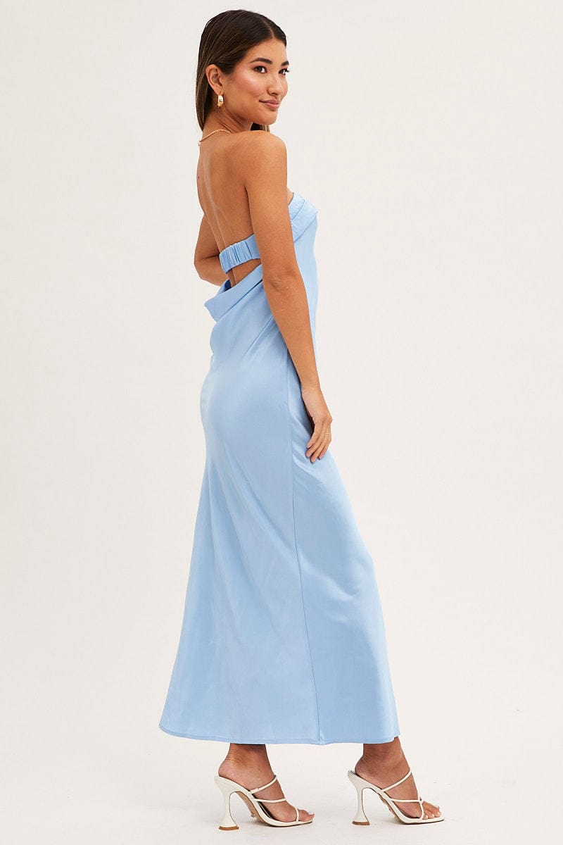 Blue Satin Dress Maxi Strapless