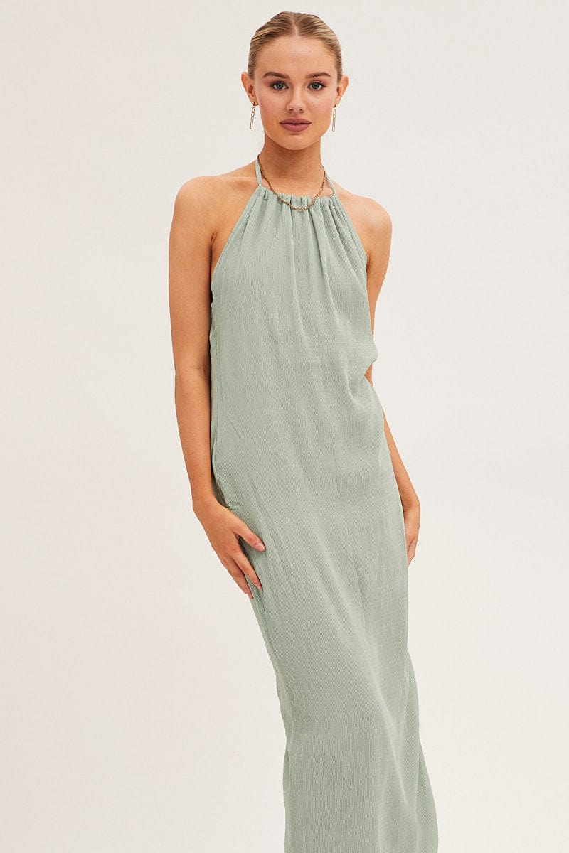 MAXI DRESS Green Textured Halter Dress Backless for Women by Ally