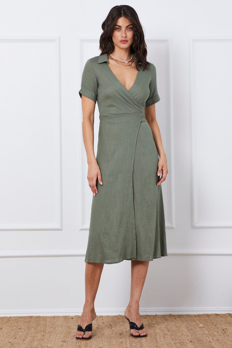 MAXI DRESS Green Wrap Dress Short Sleeve Maxi for Women by Ally