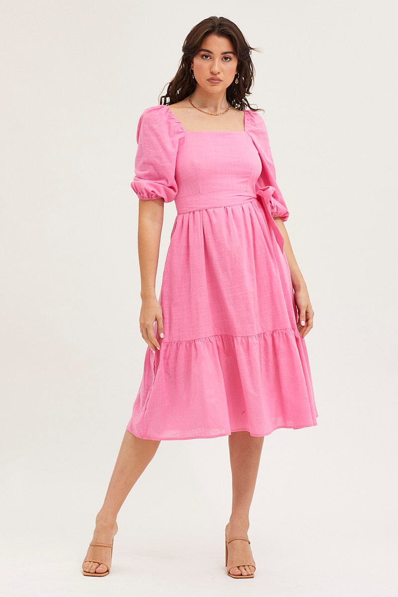 Pink Womens Puff Sleeve Dress Women's Pink Dress Puff Sleeve Maxi