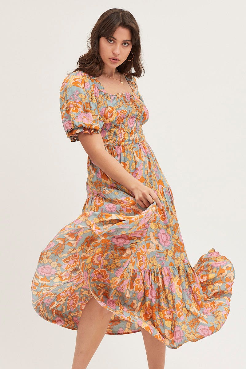 MAXI DRESS Print Maxi Dress Short Sleeve for Women by Ally