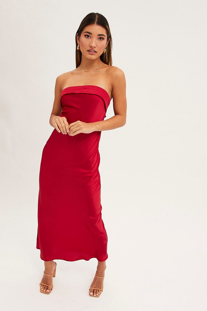 Red Satin Dress Maxi Strapless | Ally Fashion