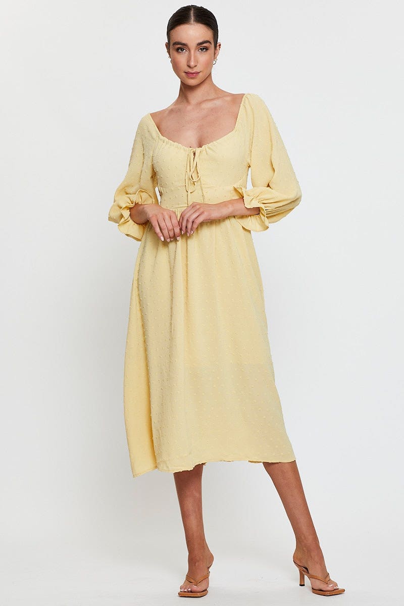 Women’s Yellow Maxi Dress Long Sleeve V Neck | Ally Fashion