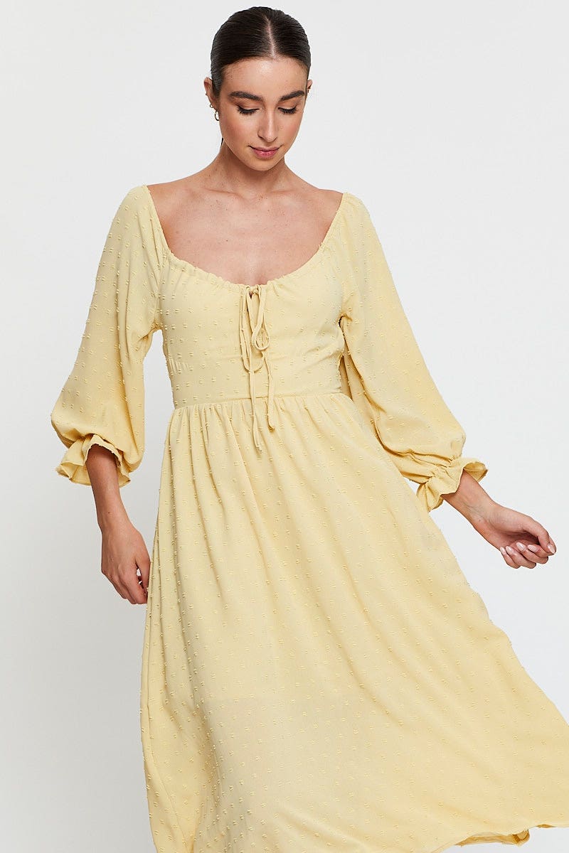 MAXI DRESS Yellow Maxi Dress Long Sleeve V Neck for Women by Ally