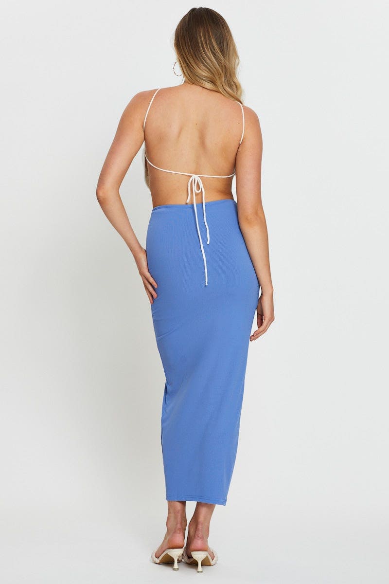 MAXI FRONT SPLIT Blue Rib Jersey Front Slit Pencil Maxi Skirt for Women by Ally