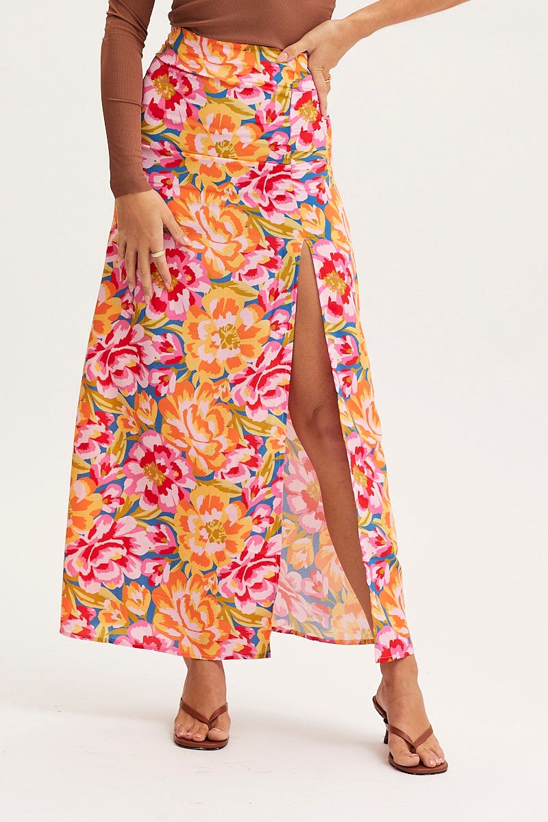 MAXI FRONT SPLIT Print Maxi Skirt High Rise for Women by Ally