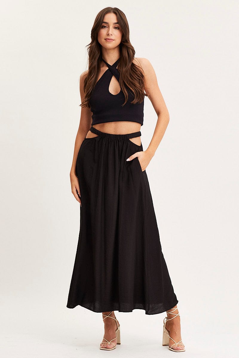 MAXI REPAXED Black Maxi Skirt High Rise Cut Out for Women by Ally