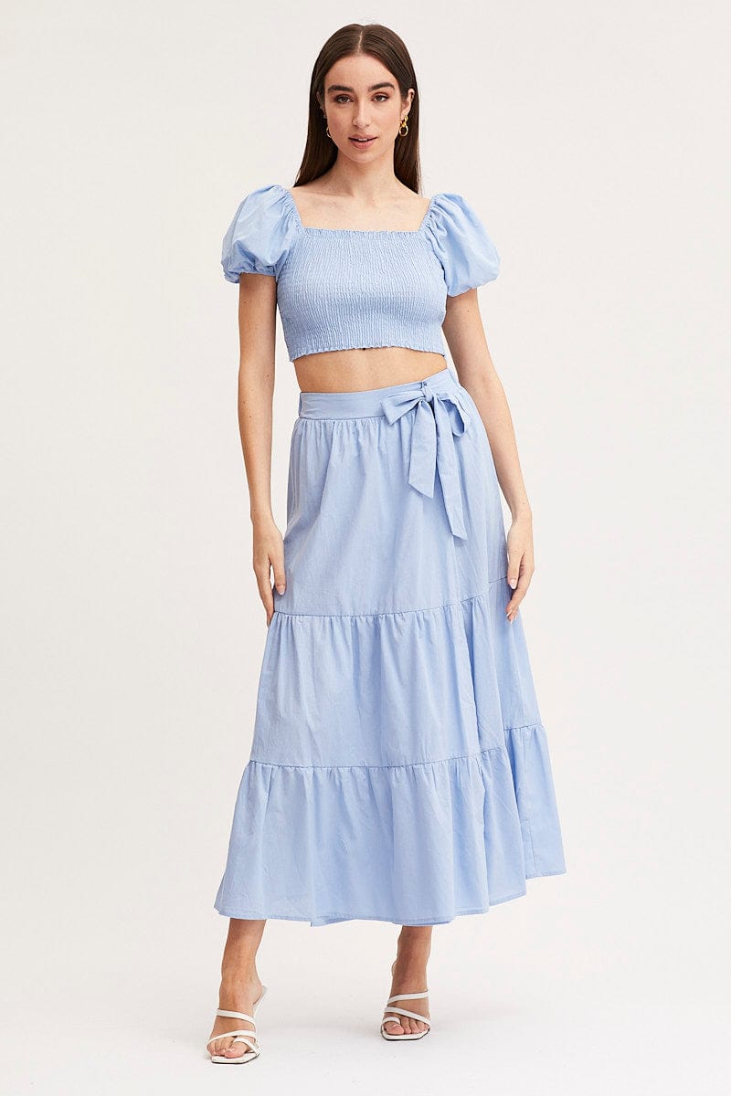 MAXI REPAXED Blue Maxi Skirt High Rise Tiered for Women by Ally