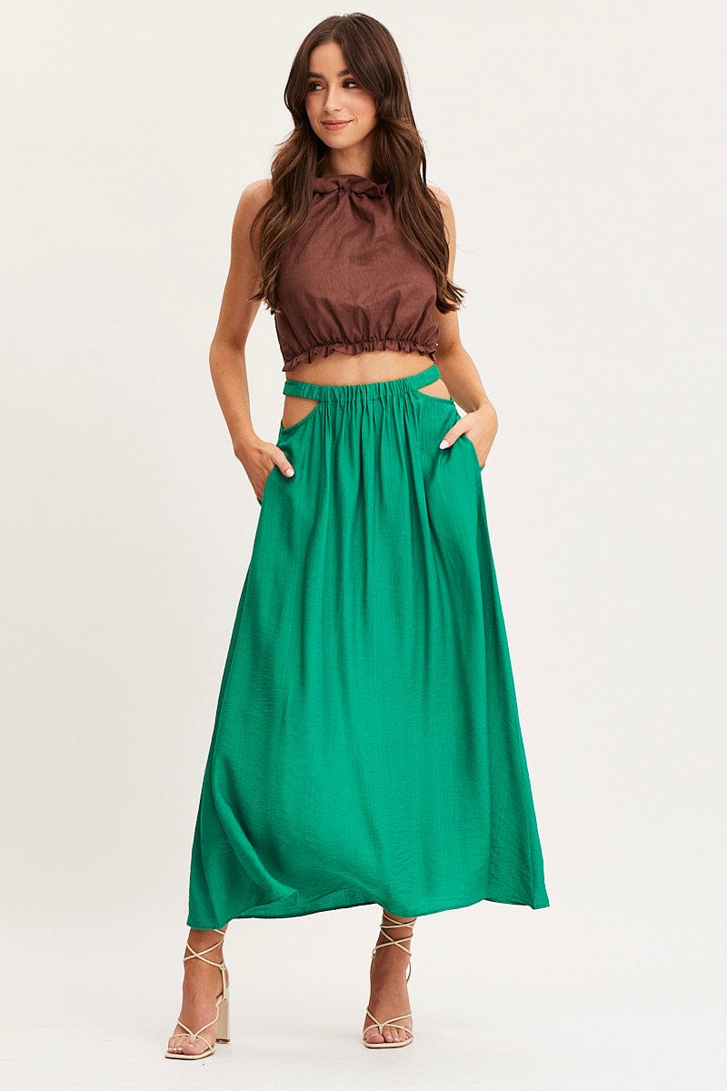 MAXI REPAXED Green Maxi Skirt High Rise Cut Out for Women by Ally