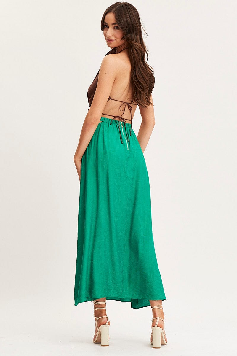 MAXI REPAXED Green Maxi Skirt High Rise Cut Out for Women by Ally