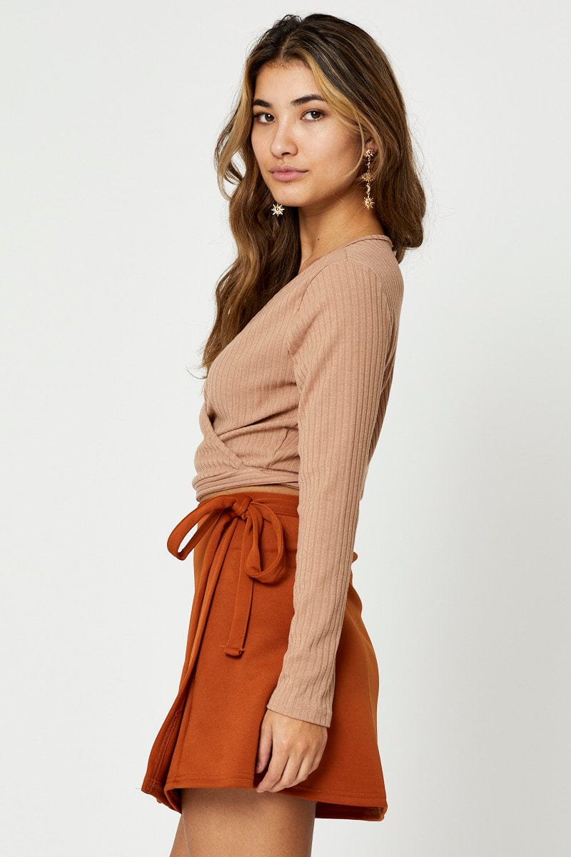 MAXI SIDE SPLIT Brown Satin Wrap Mini Skirt for Women by Ally