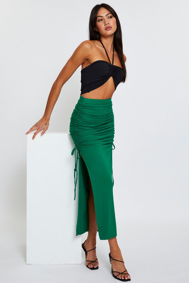 MAXI SIDE SPLIT Green Maxi Skirt High Rise Side Ruched for Women by Ally