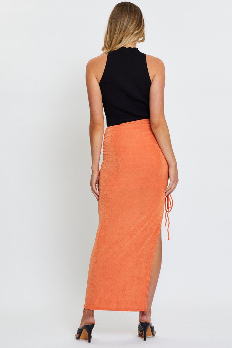 MAXI SIDE SPLIT Orange Slinky Jersey Front Slit Pencil Midi Skirt for Women by Ally