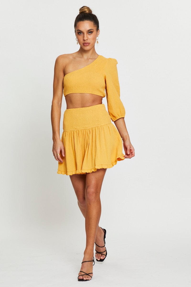 MAXI SIDE SPLIT Yellow Shirred Skater Skirt for Women by Ally
