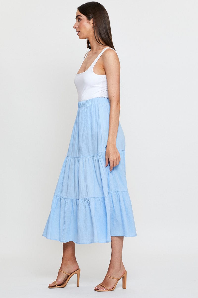 MAXI SIDE TAB Blue Midi Skirt High Rise Tiered for Women by Ally