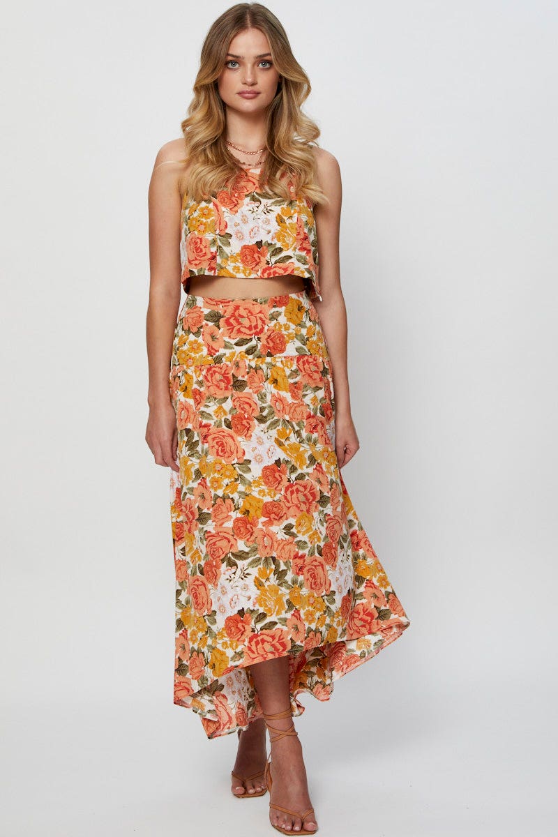 MAXI SIDE TAB Floral Print Maxi Skirt High Rise for Women by Ally