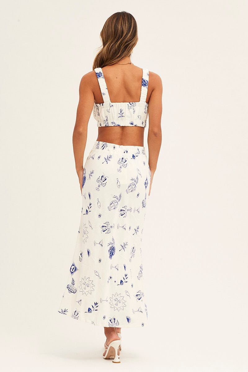 MAXI SKIRT Blue Abstract Maxi Skirt High Rise Cotton Linen for Women by Ally
