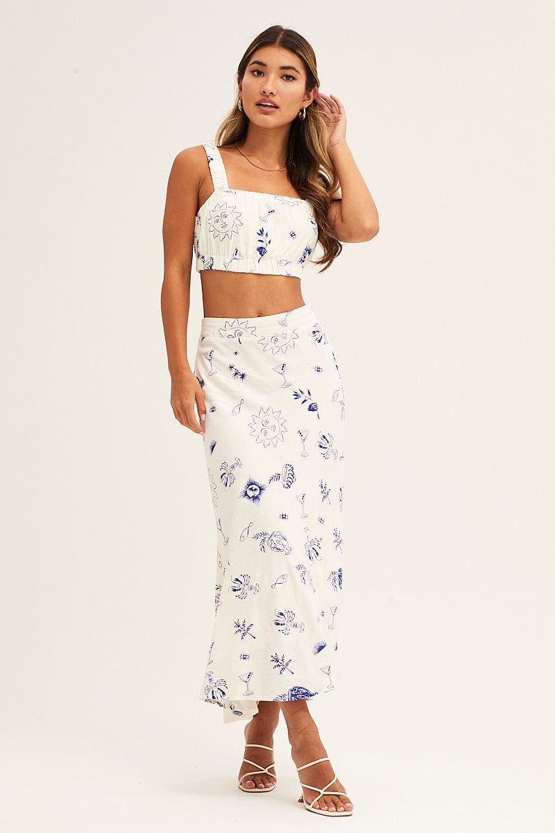 MAXI SKIRT Blue Abstract Maxi Skirt High Rise Cotton Linen for Women by Ally