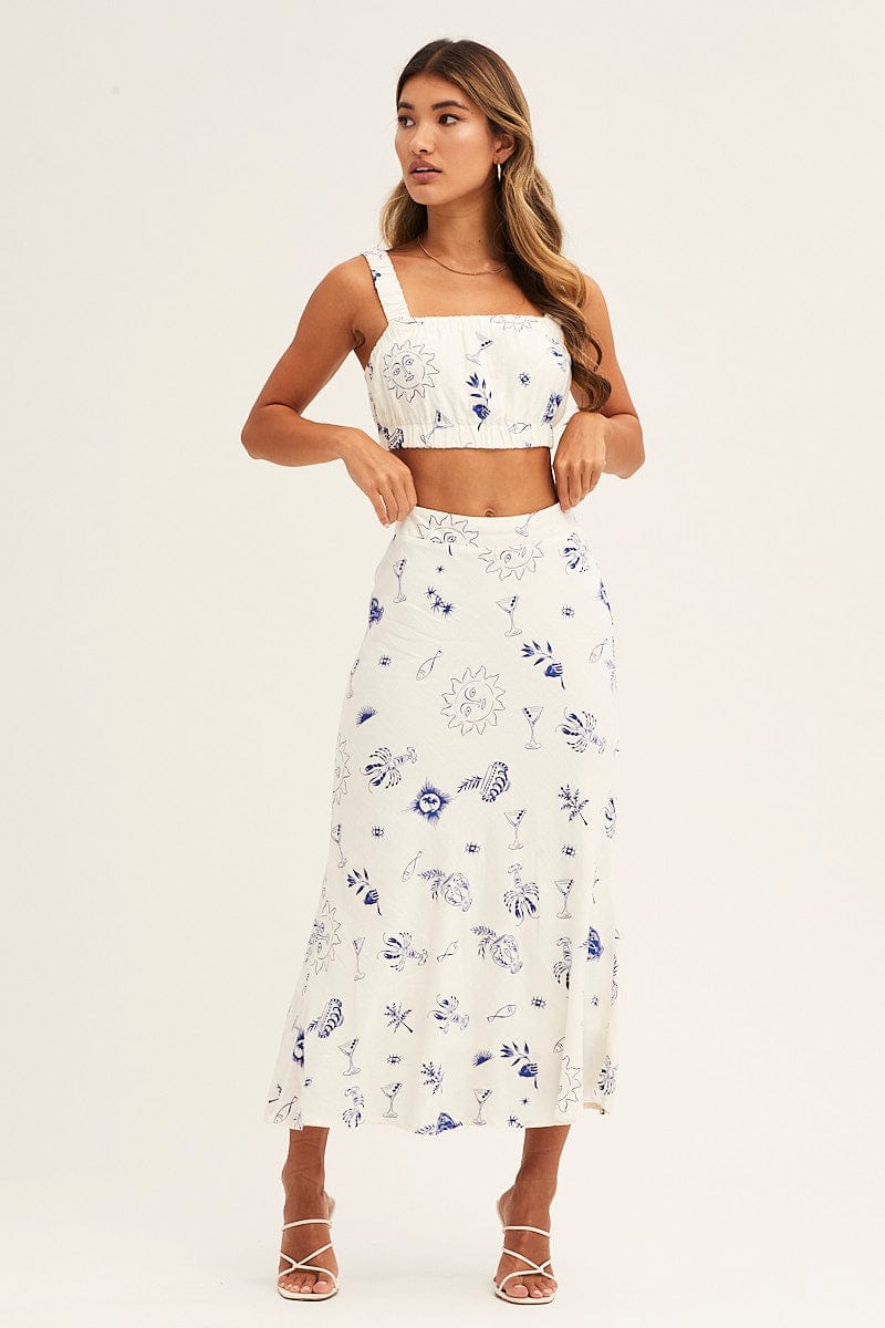 MAXI SKIRT Blue Abstract Maxi Skirt High Rise Cotton Linen for Women by Ally