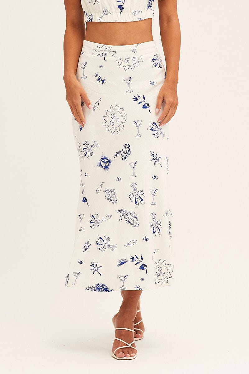 MAXI SKIRT Blue Abstract Maxi Skirt High Rise Cotton Linen for Women by Ally