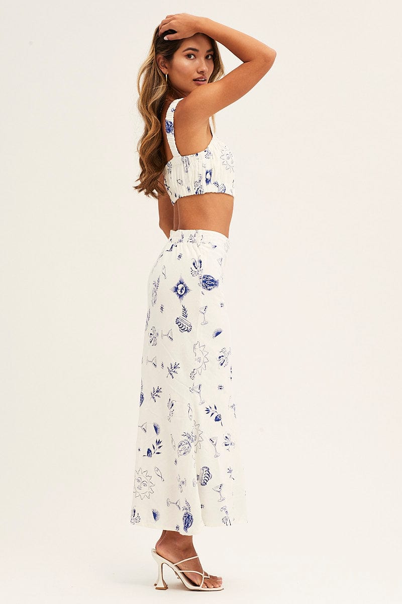 MAXI SKIRT Blue Abstract Maxi Skirt High Rise Cotton Linen for Women by Ally