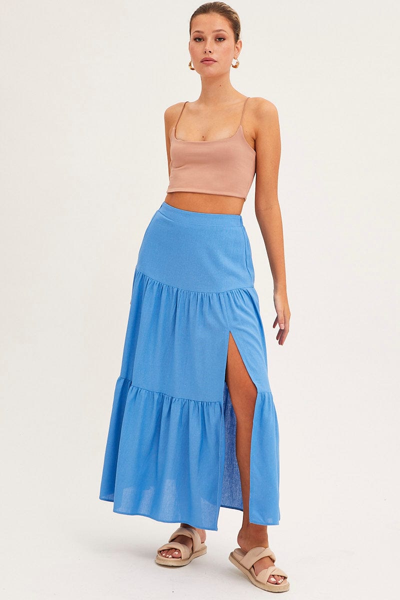 Blue Maxi Skirt High Waist Split Tiered | Ally Fashion